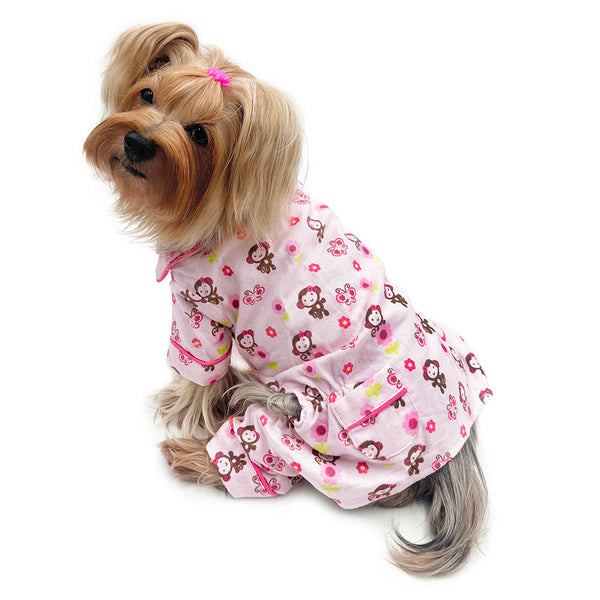 Monkey Print Flannel Dog Pajamas – Soft Lightweight PJ with Pockets