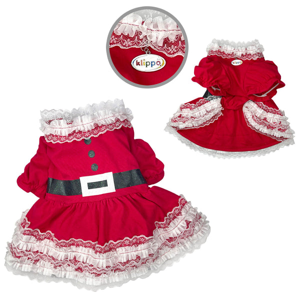 Lace Ruffle Christmas Dog Dress with Puffy Sleeves