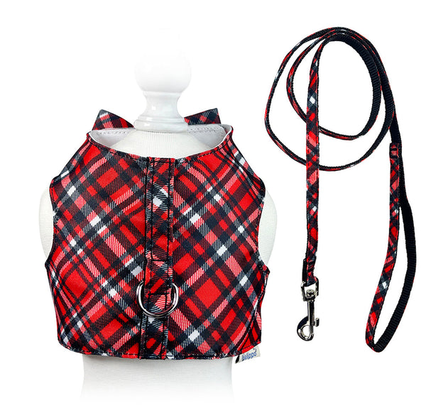 Red Plaid Dog Harness Set – Vest or Dress Style with Matching Leash