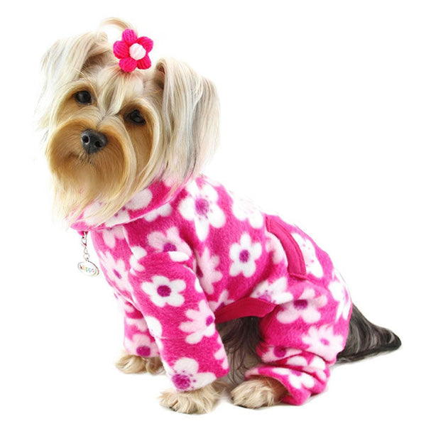 Pink Blossom Fleece Dog Pajamas – Warm Turtleneck Bodysuit