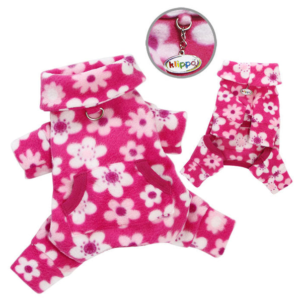 Pink Blossom Fleece Dog Pajamas – Warm Turtleneck Bodysuit