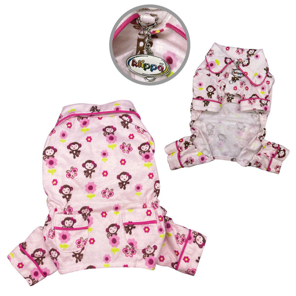 Monkey Print Flannel Dog Pajamas – Soft Lightweight PJ with Pockets