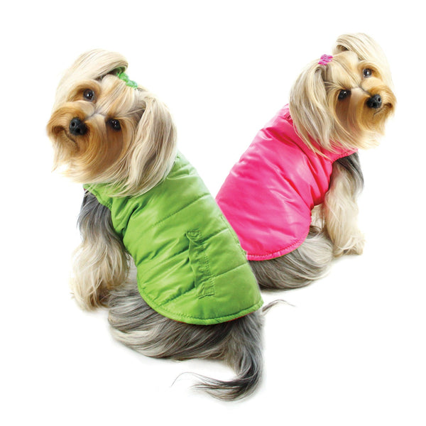 Reversible Dog Parka Vest with Ruffle Trim – Lime & Pink