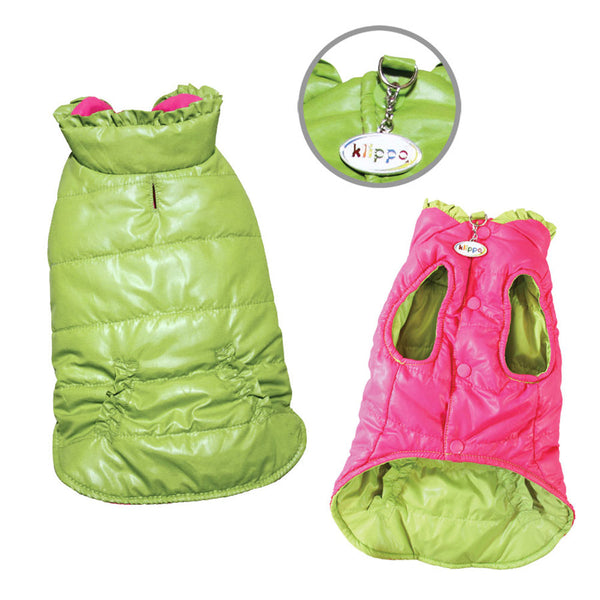 Reversible Dog Parka Vest with Ruffle Trim – Lime & Pink