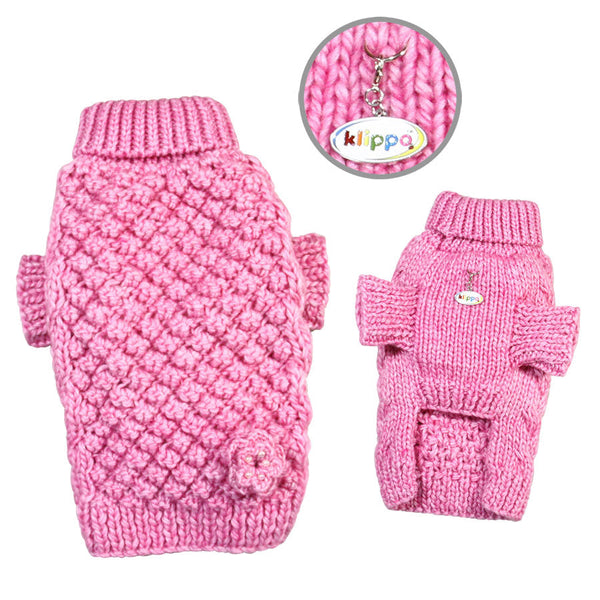 Pink Hand-Knitted Dog Sweater with Bobble Stitch Turtleneck