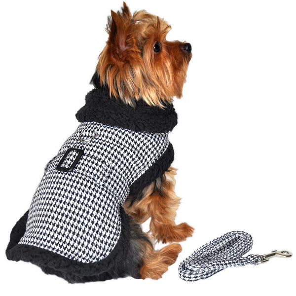 Dog Harness Coat & Leash Set – Black & White Houndstooth