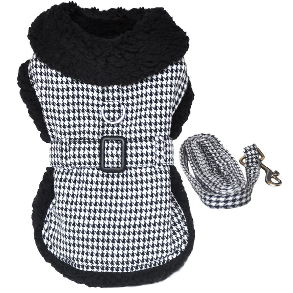Dog Harness Coat & Leash Set – Black & White Houndstooth