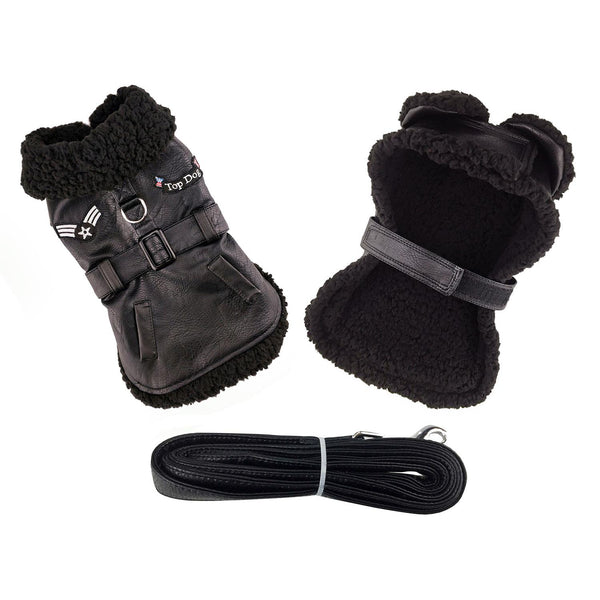 Faux Leather Dog Harness Coat & Leash Set – Black Flight Jacket