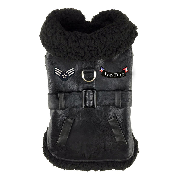 Faux Leather Dog Harness Coat & Leash Set – Black Flight Jacket