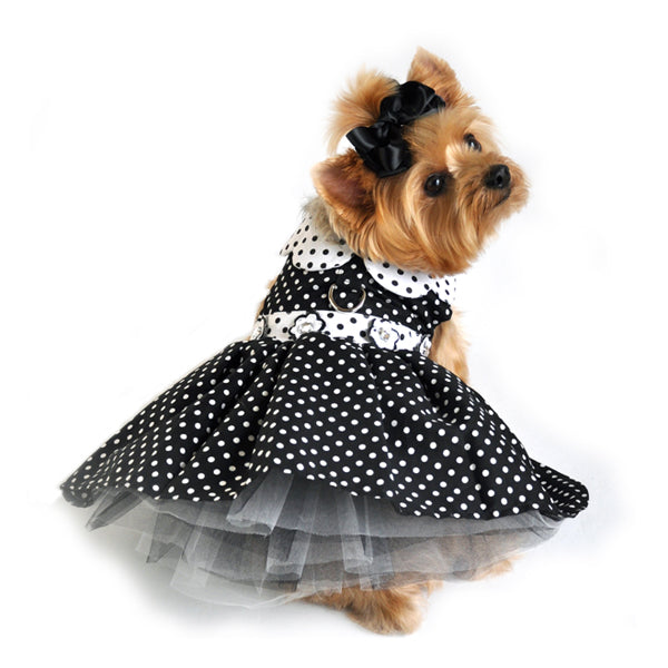 Dog Harness Dress & Leash Set – Classic Black & White Polka Dot