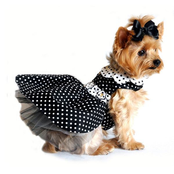 Dog Harness Dress & Leash Set – Classic Black & White Polka Dot