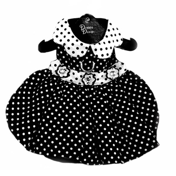 Dog Harness Dress & Leash Set – Classic Black & White Polka Dot