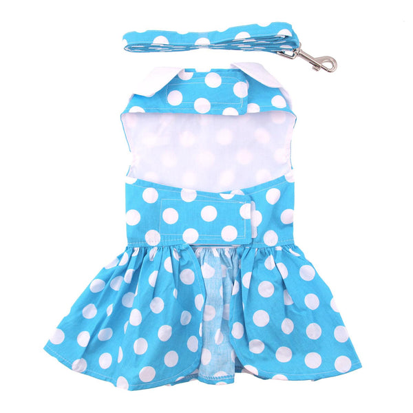Dog Harness Dress & Leash Set – Blue Polka Dot