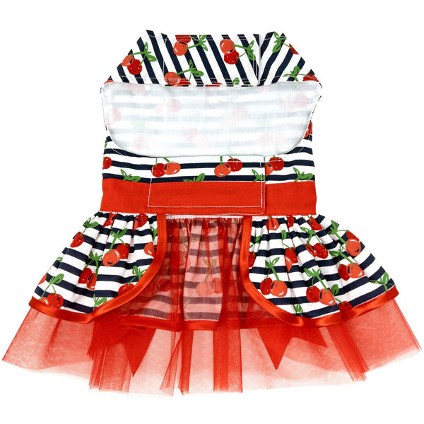Dog Harness Dress & Leash Set – Cherry Stripe