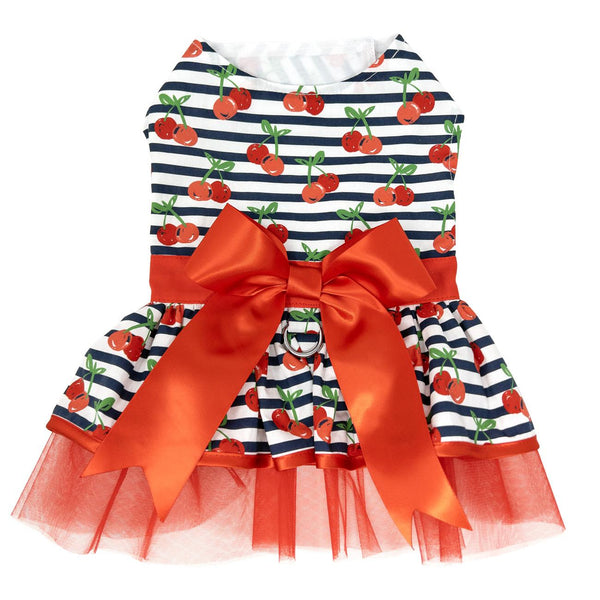 Dog Harness Dress & Leash Set – Cherry Stripe
