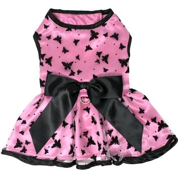 Dog Harness Dress & Leash Set – Pink & Black Bow Design