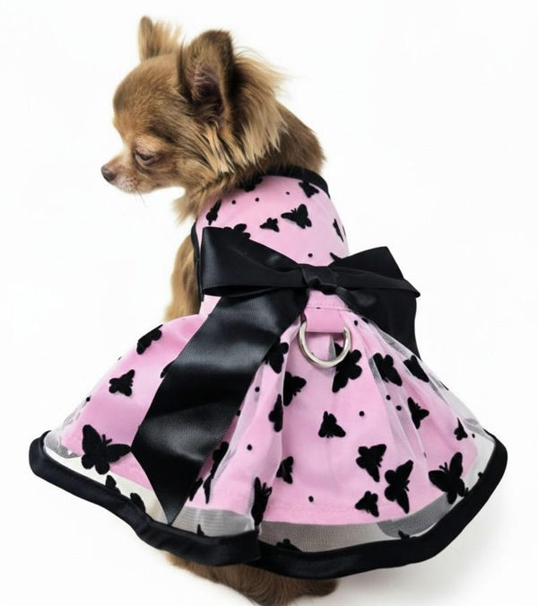 Dog Harness Dress & Leash Set – Pink & Black Bow Design