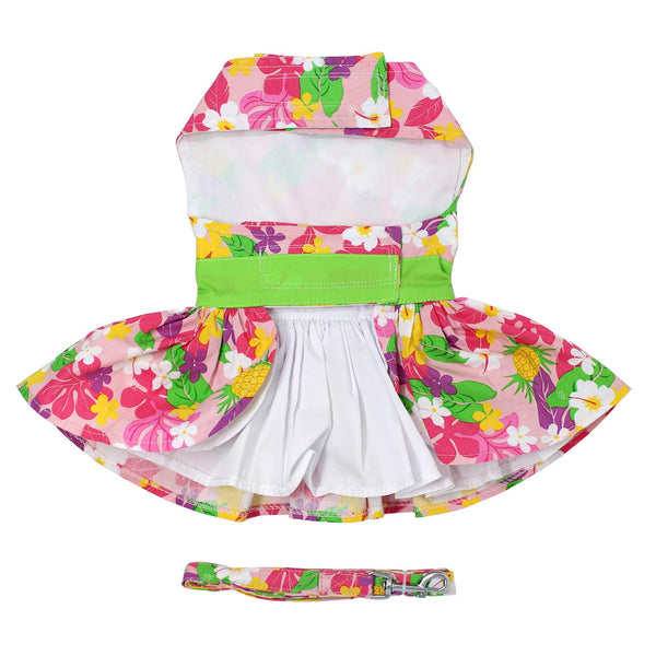 Dog Harness Dress & Leash Set – Pink Hawaiian Floral