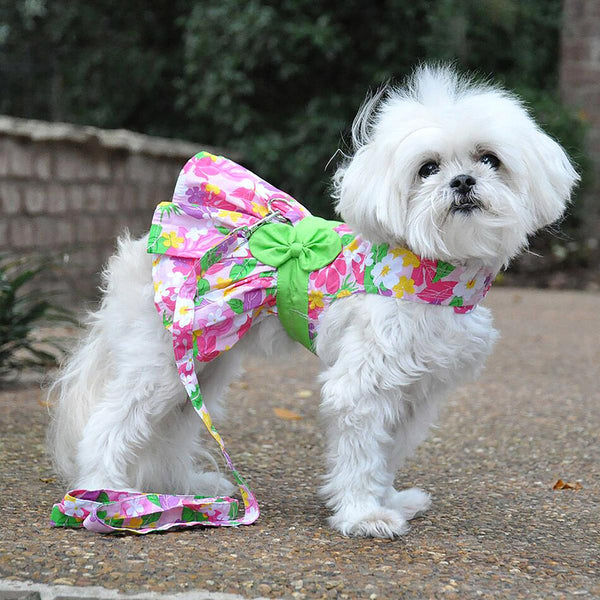 Dog Harness Dress & Leash Set – Pink Hawaiian Floral