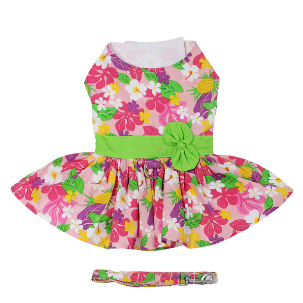 Dog Harness Dress & Leash Set – Pink Hawaiian Floral
