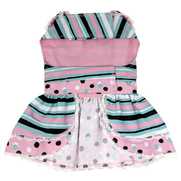 Dog Harness Dress & Leash Set – Pink & Teal Dots & Stripes