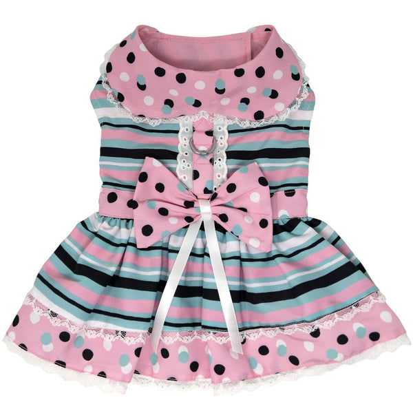 Dog Harness Dress & Leash Set – Pink & Teal Dots & Stripes